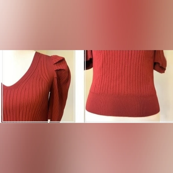 #051 Sz S/P Industry Republic Wine Ribbed Top with Puffed Sleeves - Picture 3 of 7